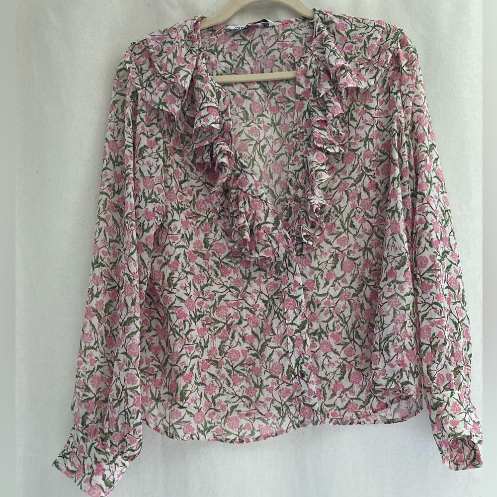 ZARA Button Down Sheer Floral Blouse